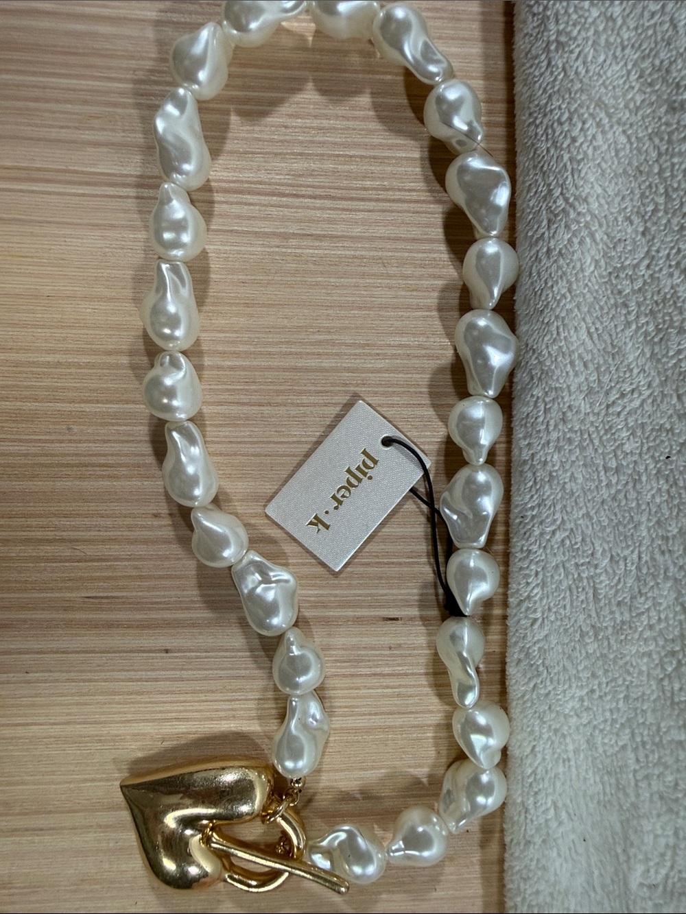 Piper K White Baroque Pearl Necklace with Gold Heart Charm